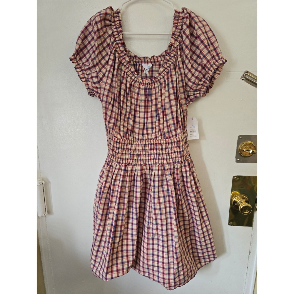 Time and Tru Mini Cottagecore Plaid Blue Red Peasant Dress XXXL 20 Cotton NWT